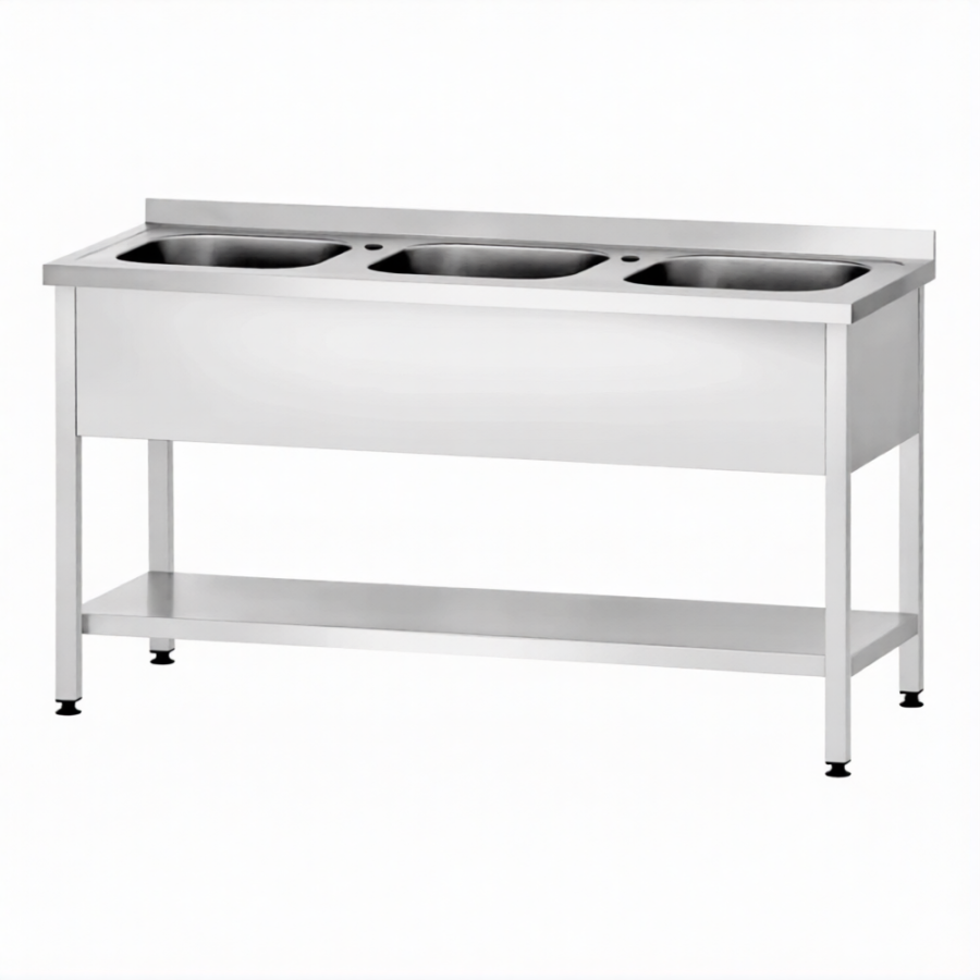 Ванна моечная ВМЦп 860х1800х600  3 м/о 250х500х400, борт, отв. д/смесит.